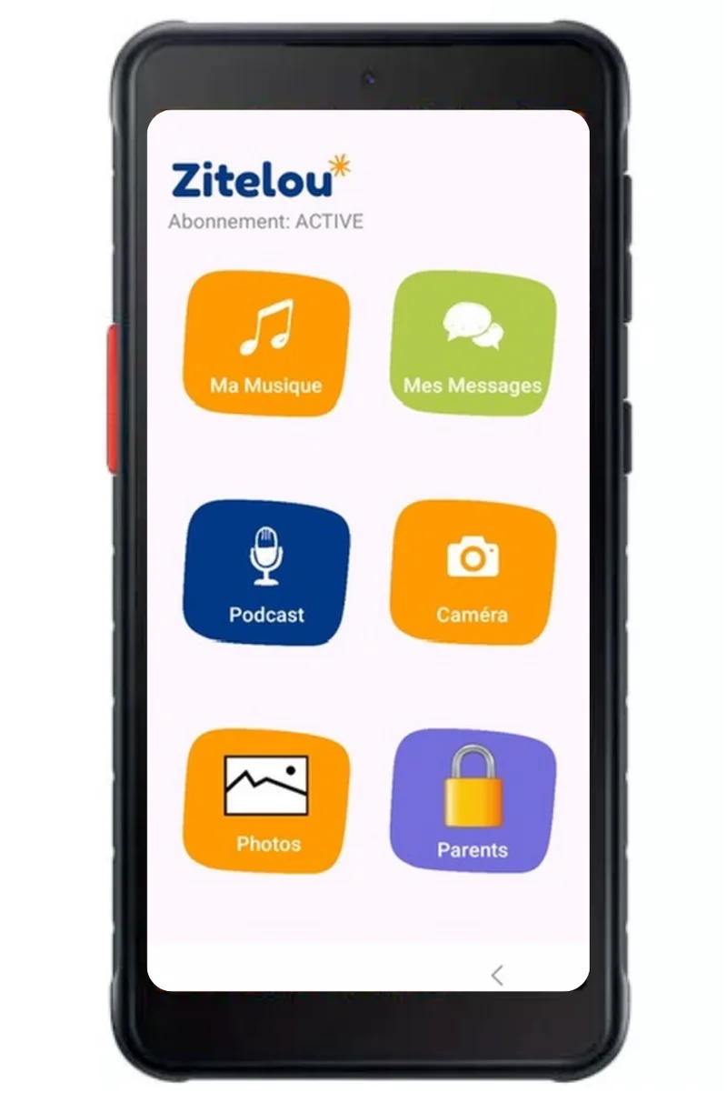 Téléphone Zitelou avec ses applications de musique, messages, podcasts et photos